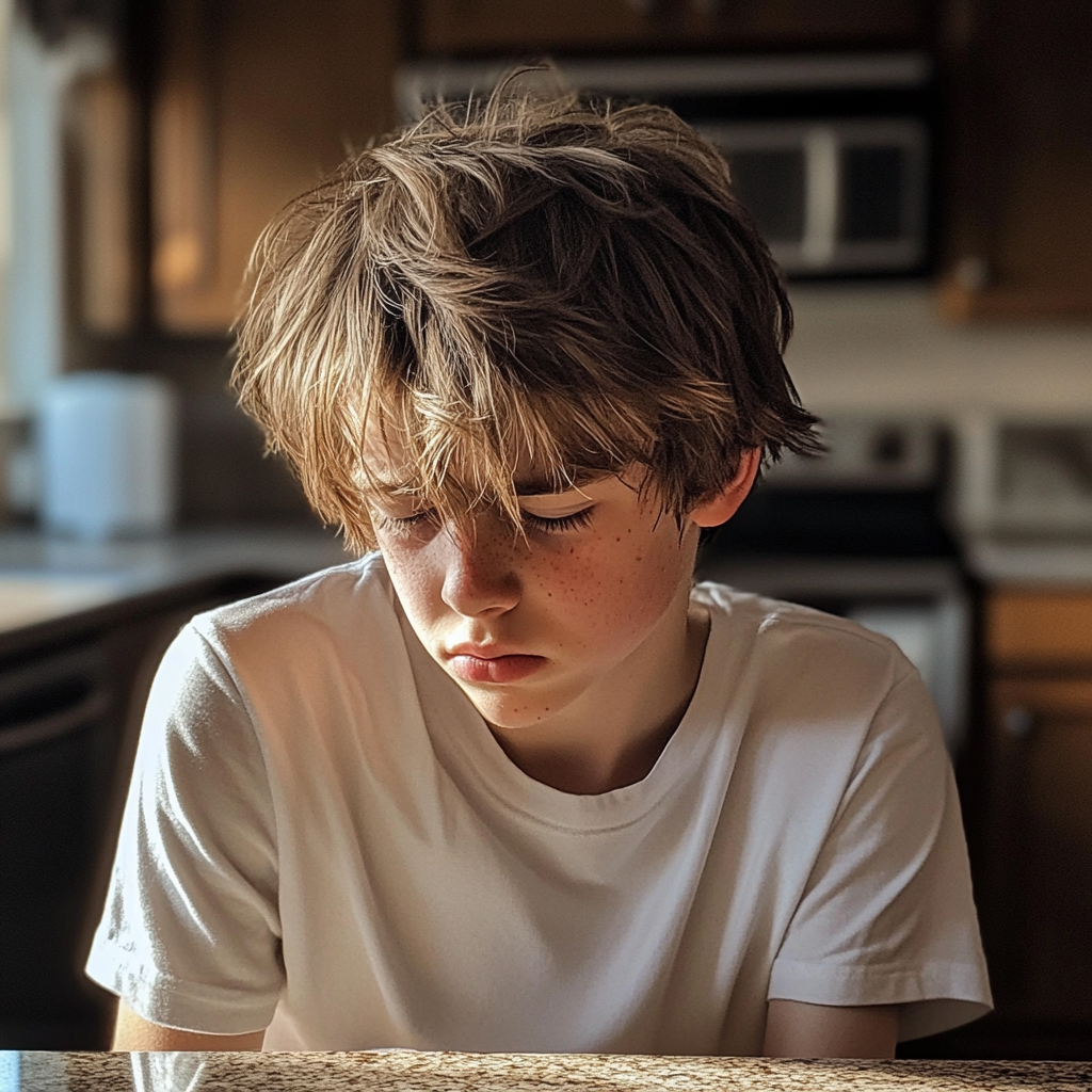 Un adolescent assis à un comptoir, les yeux fermés | Source : Midjourney