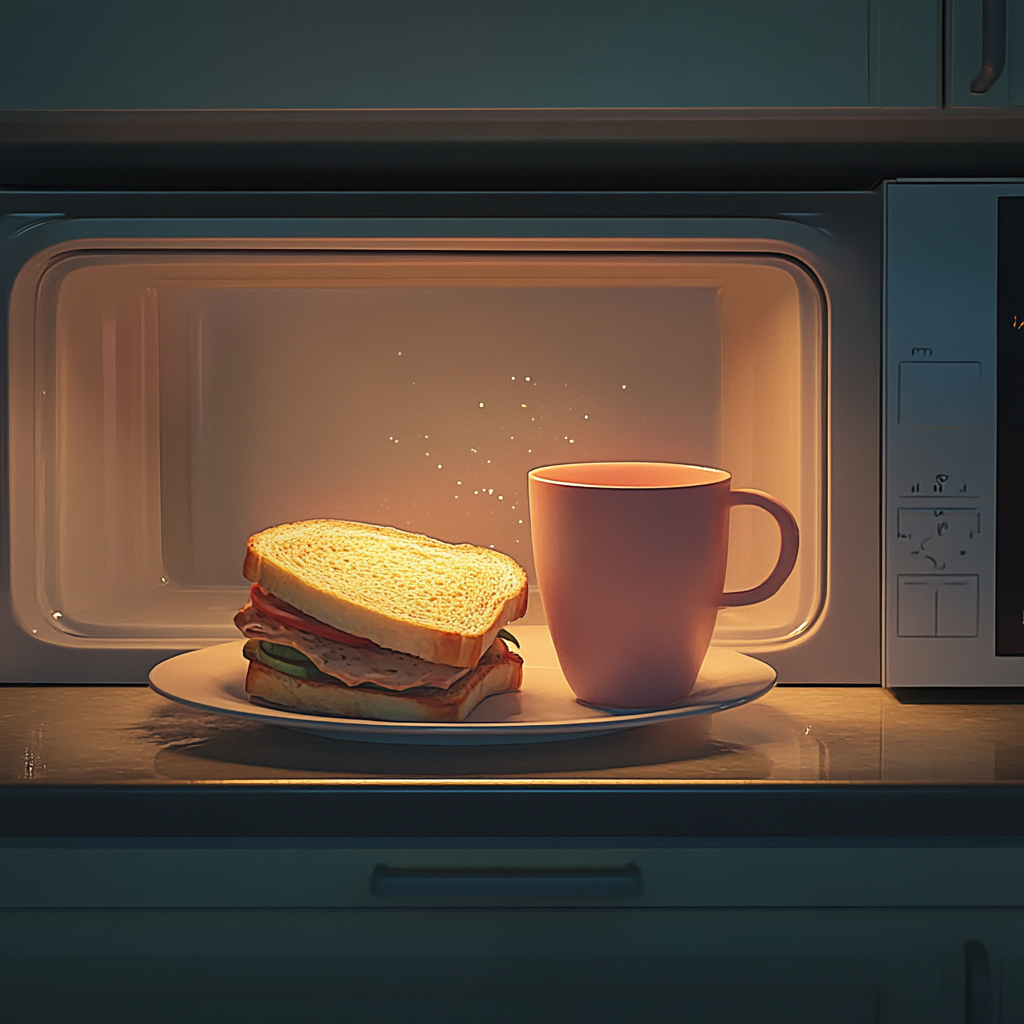 Une tasse, un sandwich et un micro-ondes | Source : Midjourney