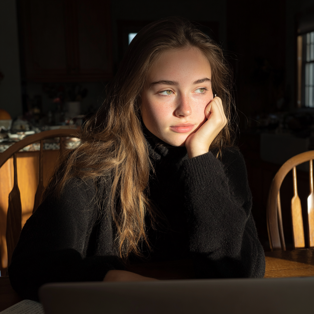 Une adolescente rêvassant à une table à manger | Source : Midjourney