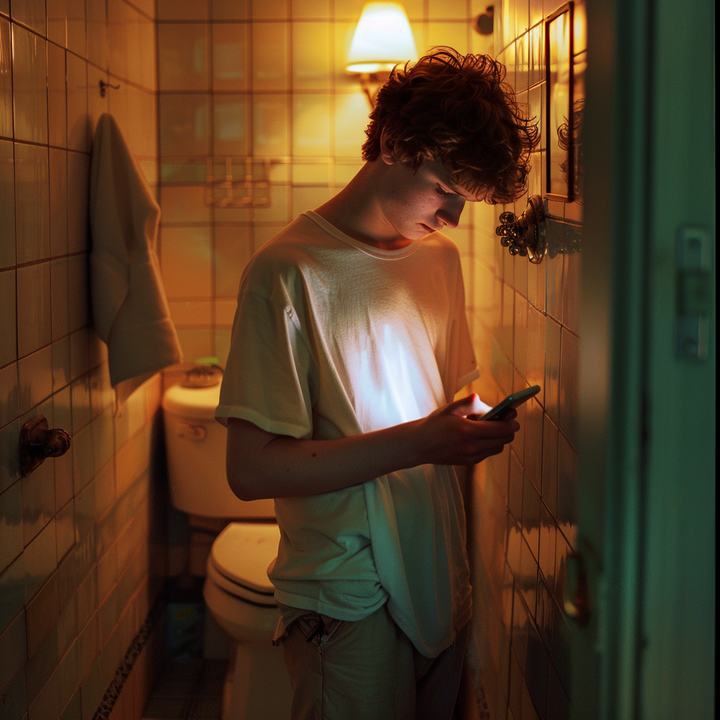 Un adolescent utilisant son téléphone à l'intérieur des toilettes | Source : Midjourney