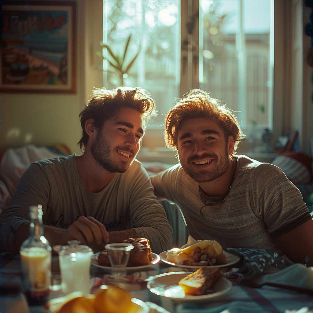 Des frères jumeaux discutent et passent un bon moment à la table du petit déjeuner | Source : Midjourney