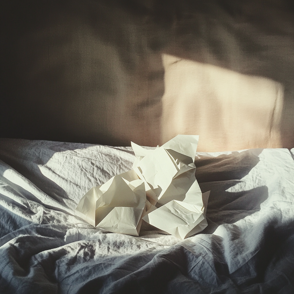 Des morceaux de papier sur un lit | Source : Midjourney