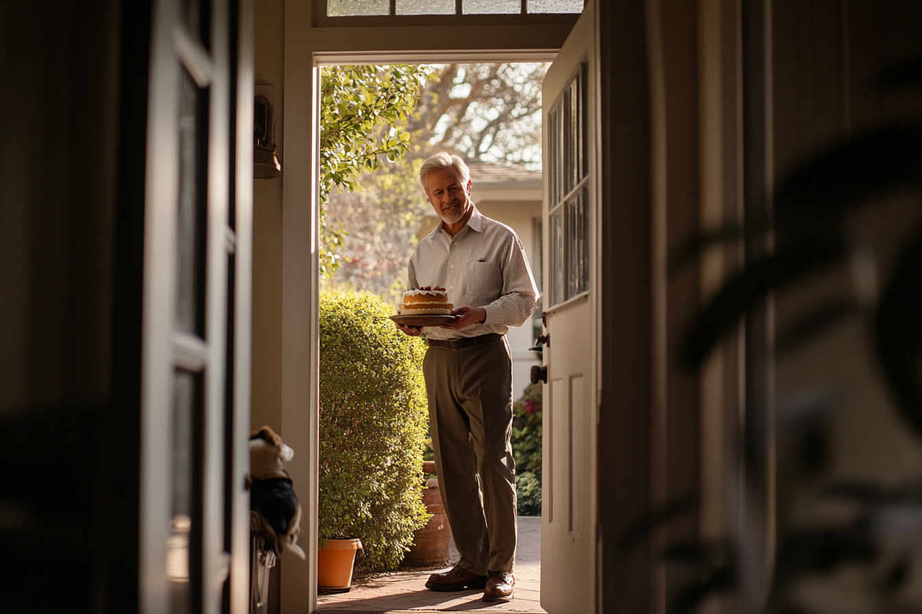 Man in his fifties standing in a doorway, holding a birthday cake | Source: Midjourney