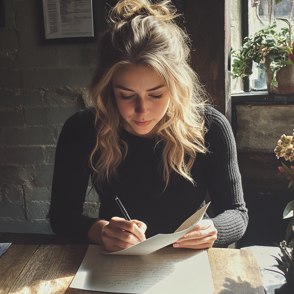 Une femme qui écrit une lettre | Source : Midjourney