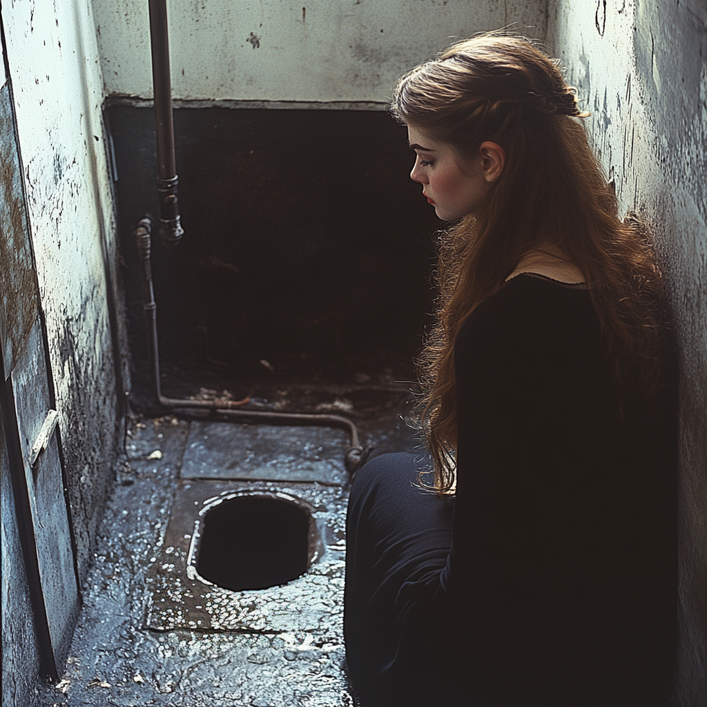 Une femme qui regarde le loquet ouvert dans son sous-sol | Source : Midjourney