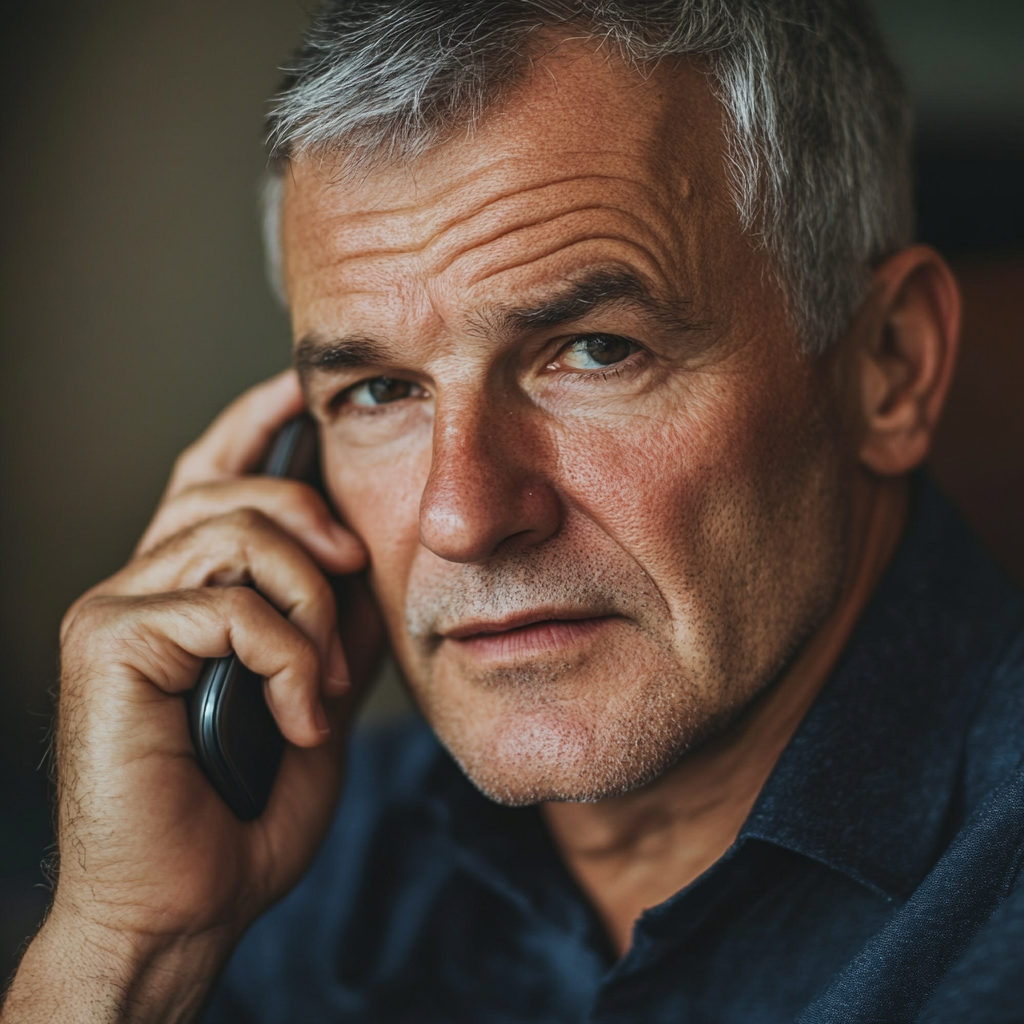 Un homme à l'expression un peu sérieuse parlant au téléphone | Source : Midjourney