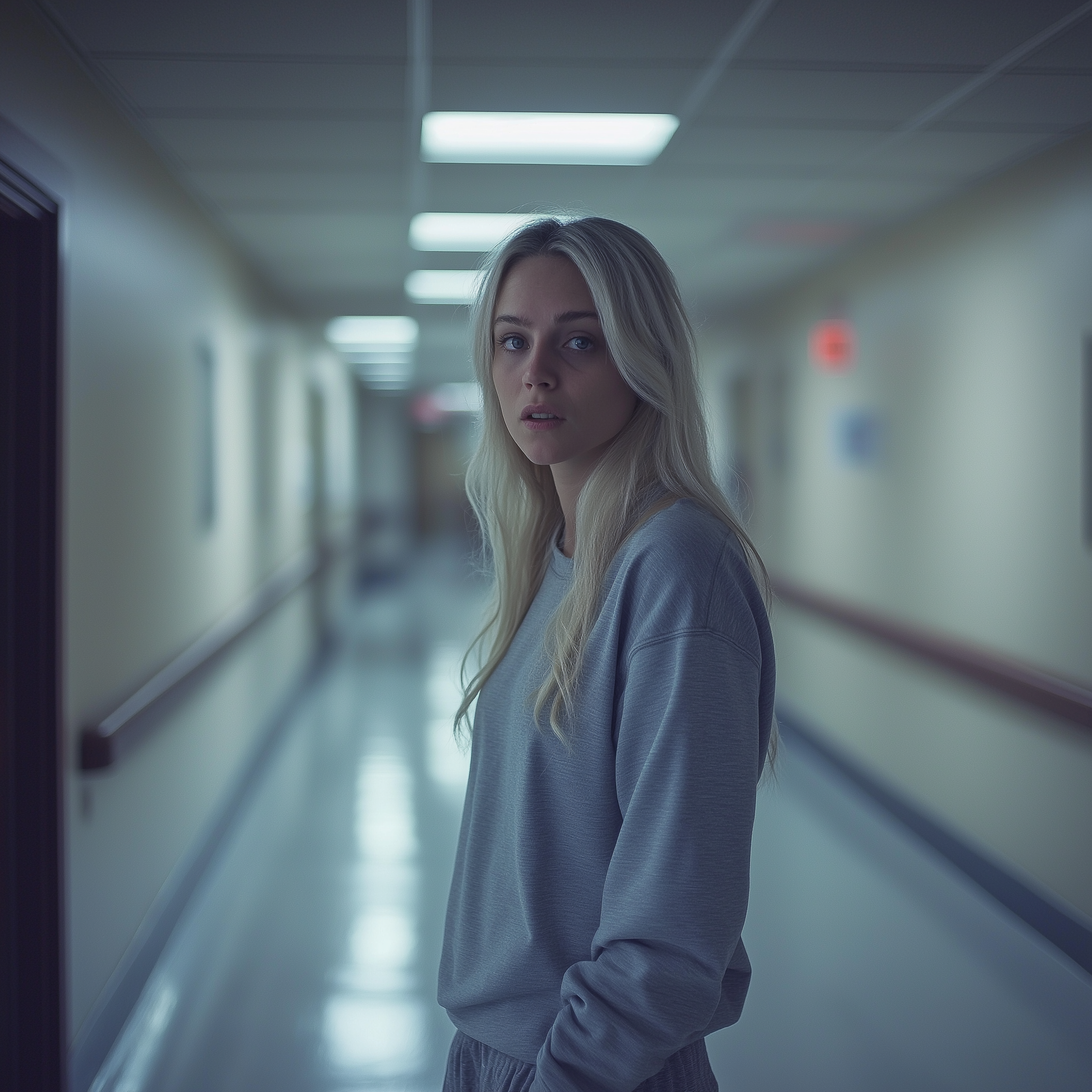 Une femme aux cheveux blonds, inquiète, debout dans un couloir d'hôpital | Source : Midjourney