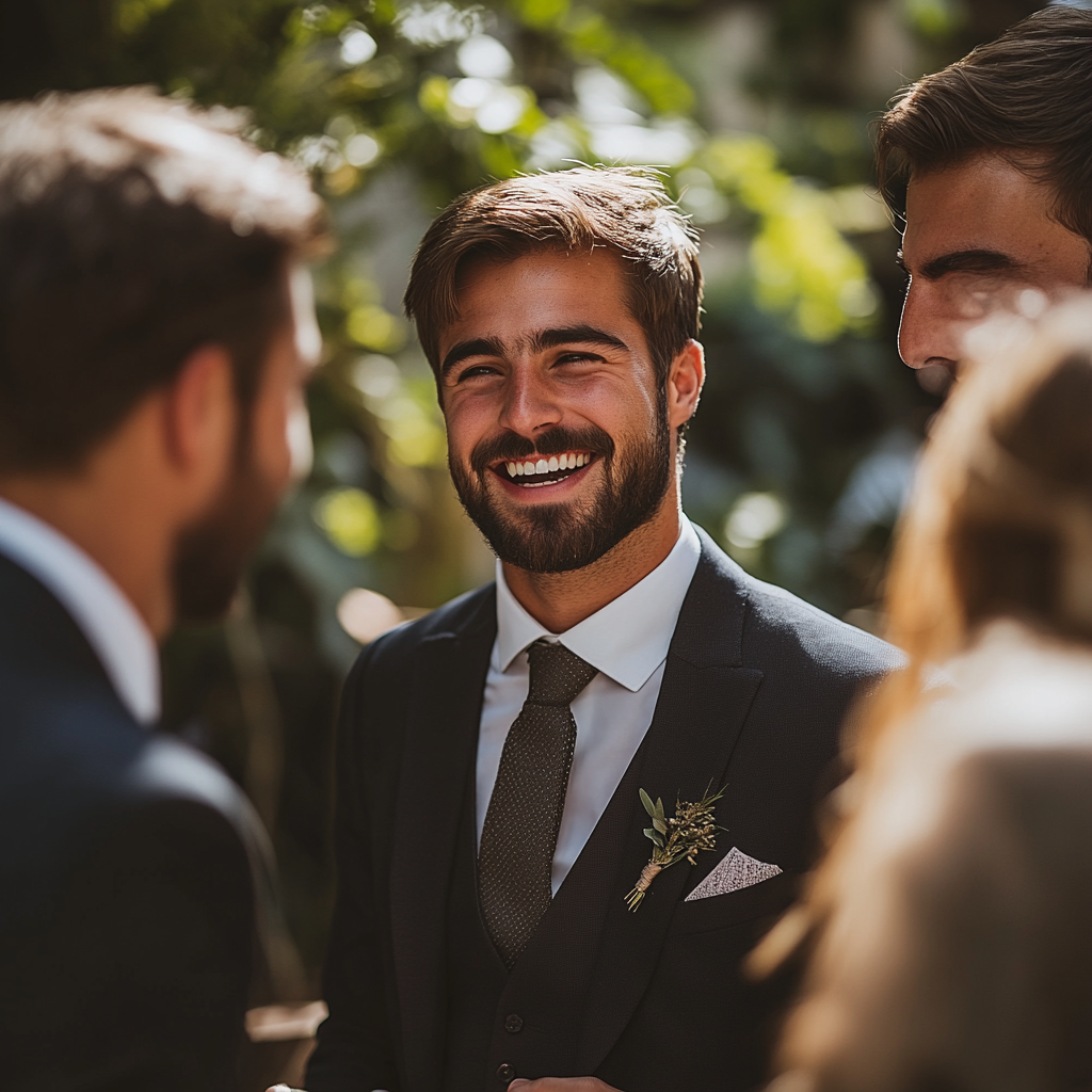 Dan se lie joyeusement avec ses amis lors de son mariage | Source : Midjourney