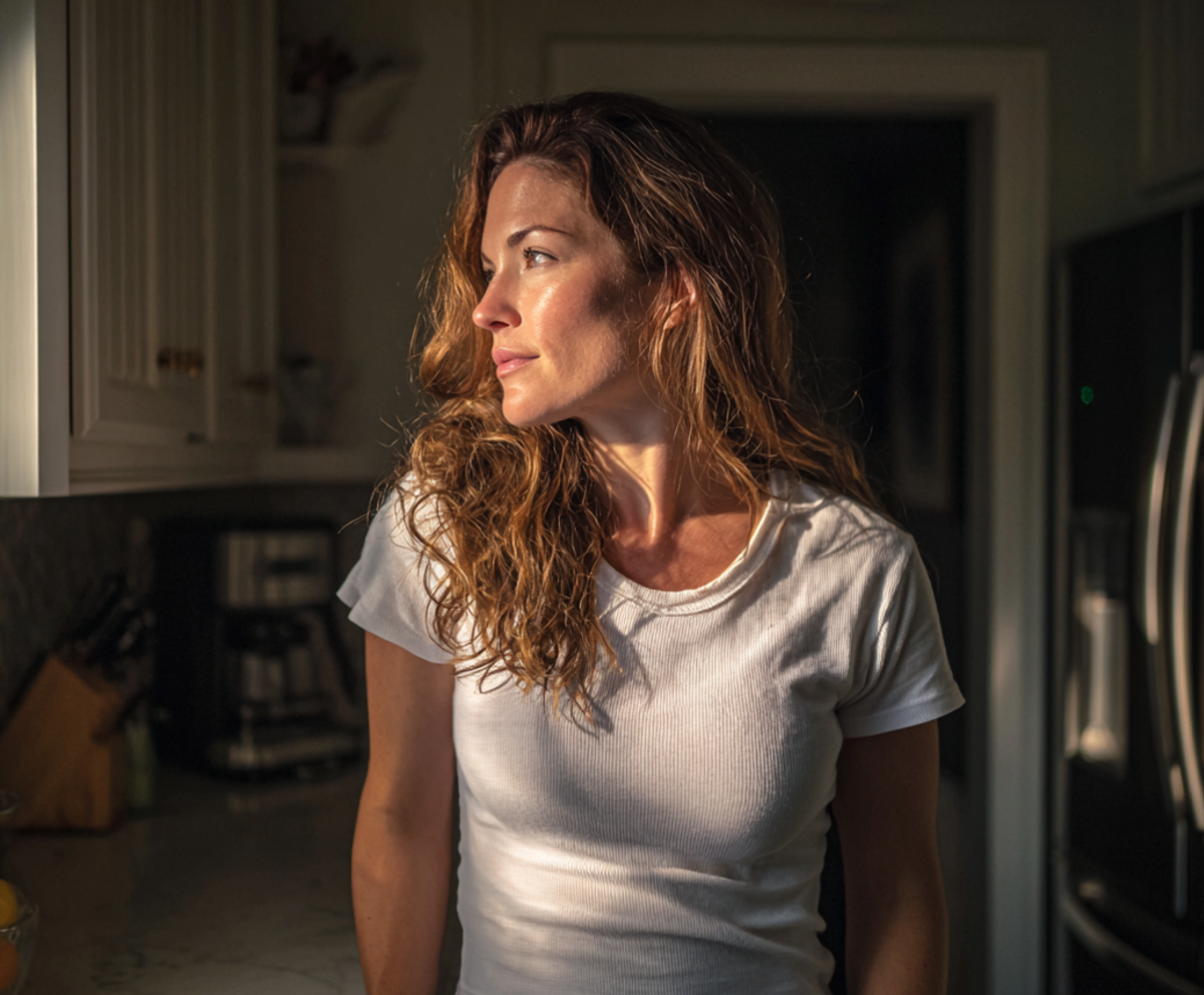 Une femme regardant par la fenêtre d'une cuisine | Source : Midjourney