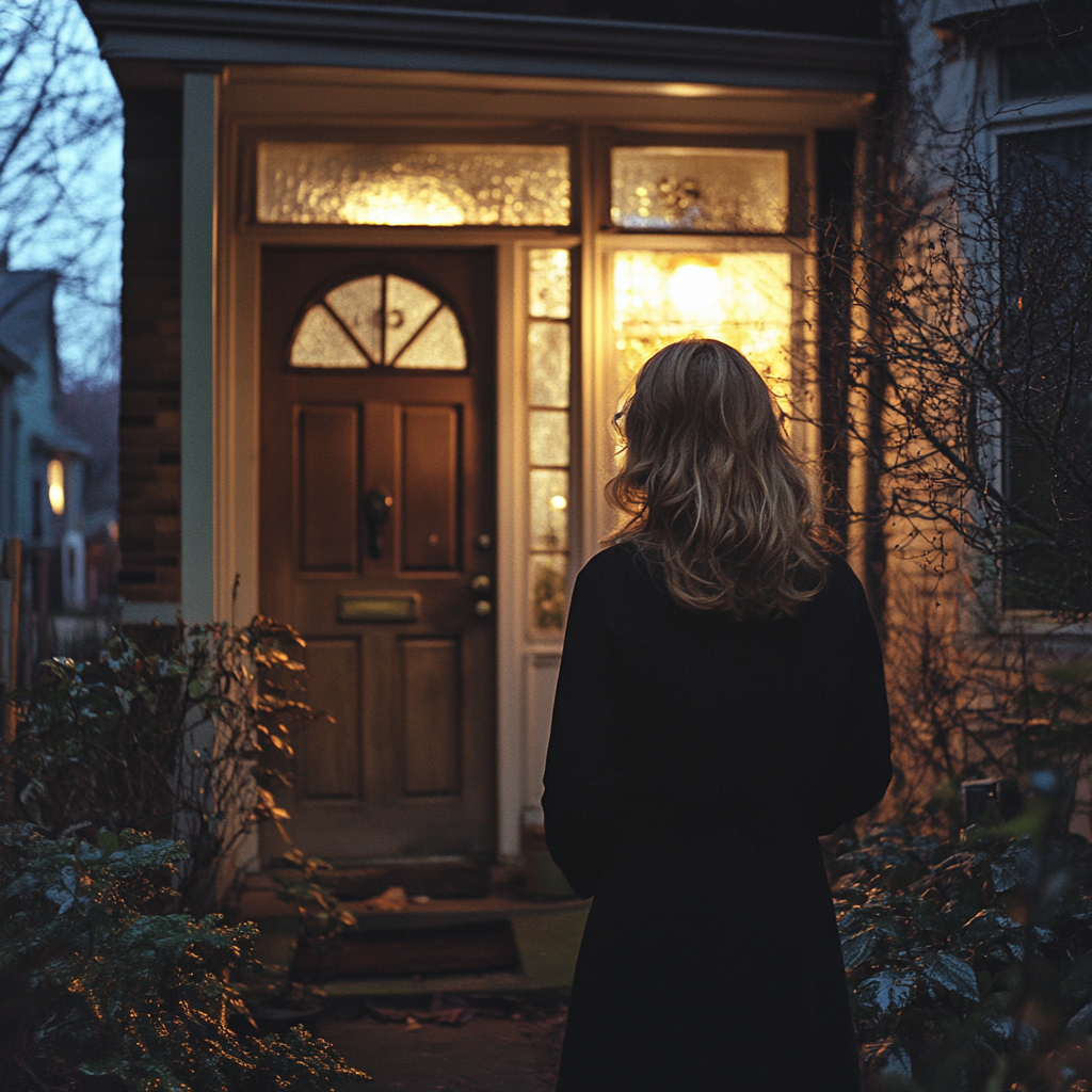 Une femme devant la porte d'entrée d'une maison | Source : Midjourney