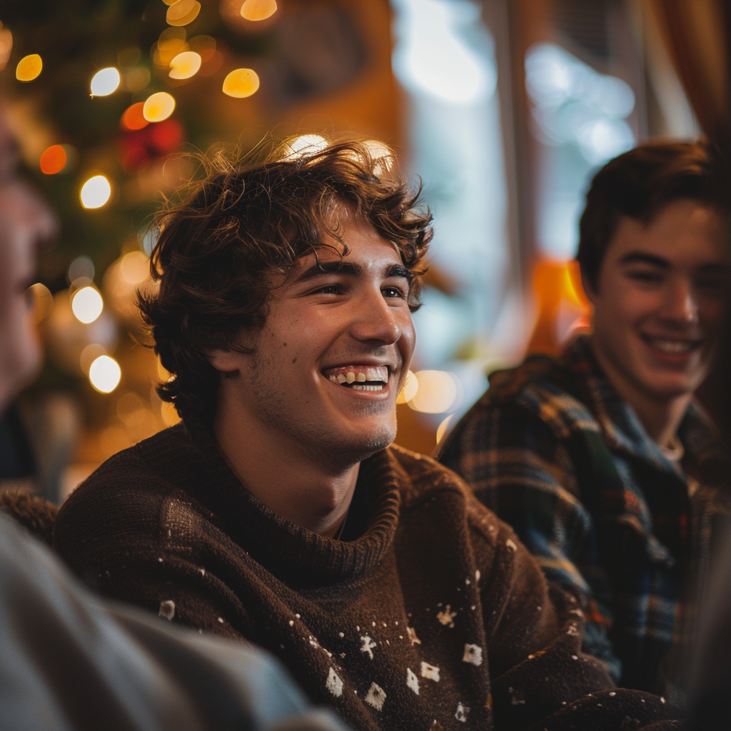 Un jeune homme rit lors d'un rassemblement de Noël | Source : Midjourney