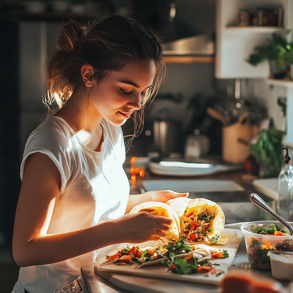 A young woman preparing tacos | Source: Midjourney