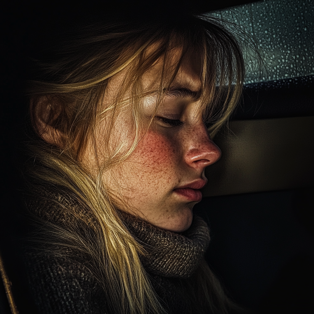 Une jeune femme en souffrance sur la banquette arrière de la voiture | Source : Midjourney