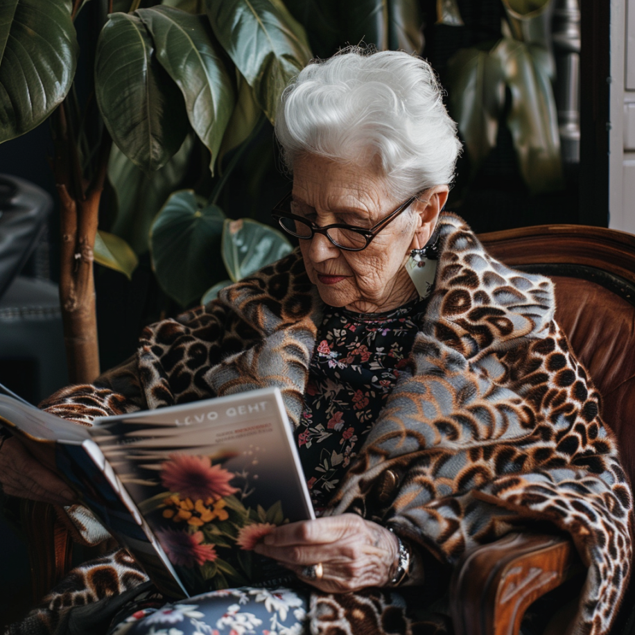 Une grand-mère lisant un magazine | Source : Midjourney