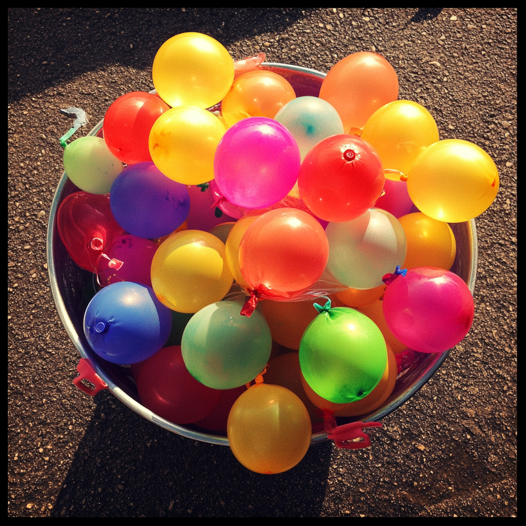 A bucket of water balloons | Source: Midjourney