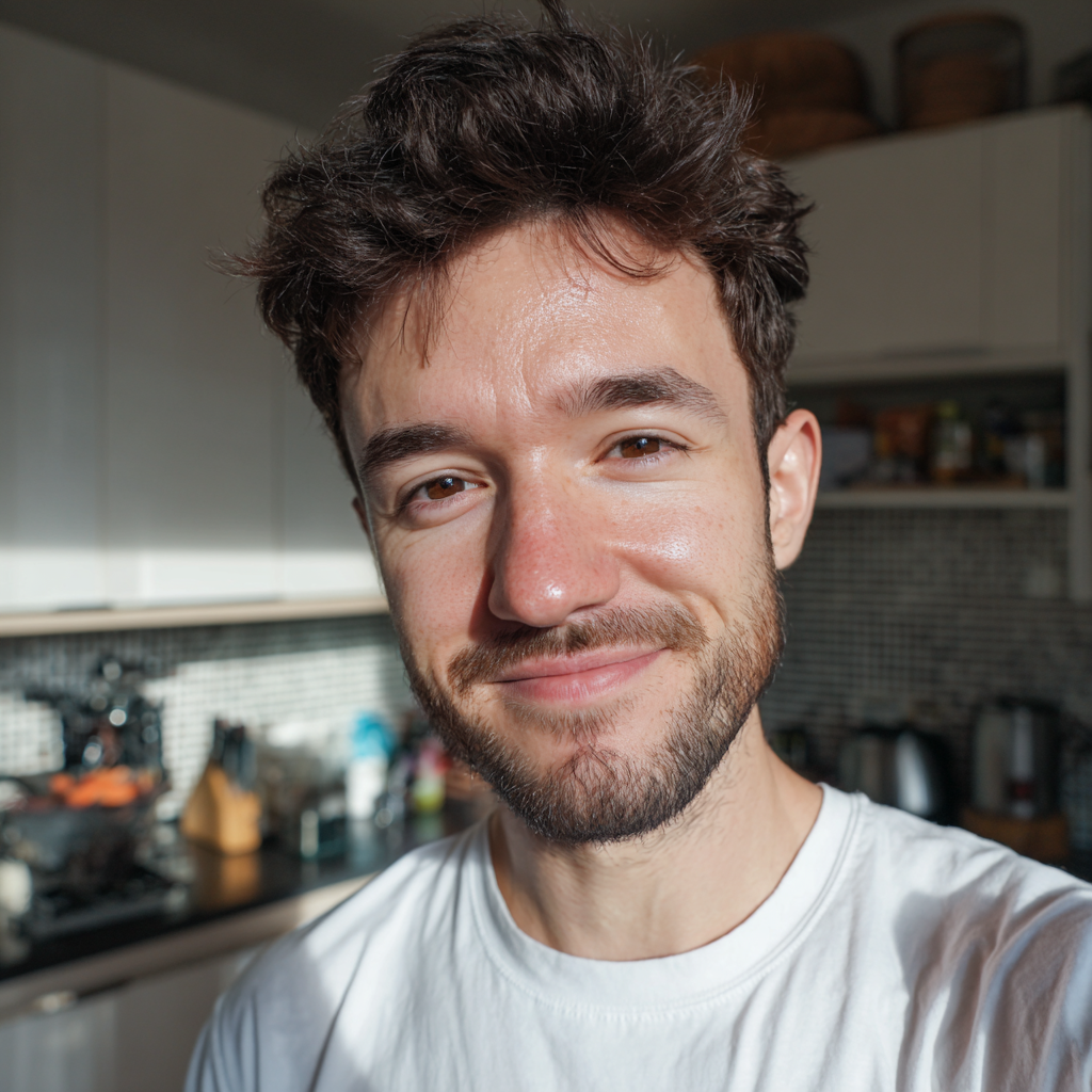 Un homme souriant debout dans une cuisine | Source : Midjourney