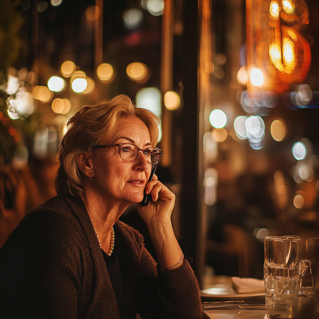 Une femme d'âge mûr qui parle au téléphone dans un restaurant | Source : Midjourney