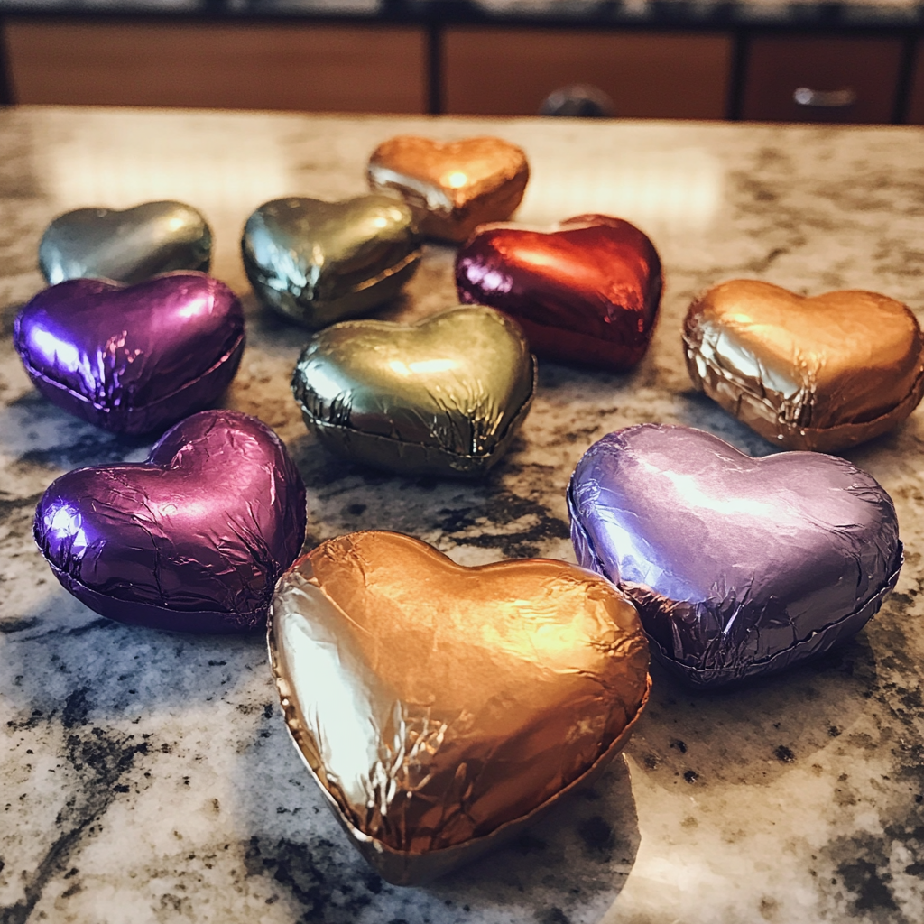 Chocolats en forme de cœur enveloppés dans du papier d'aluminium | Source : Midjourney