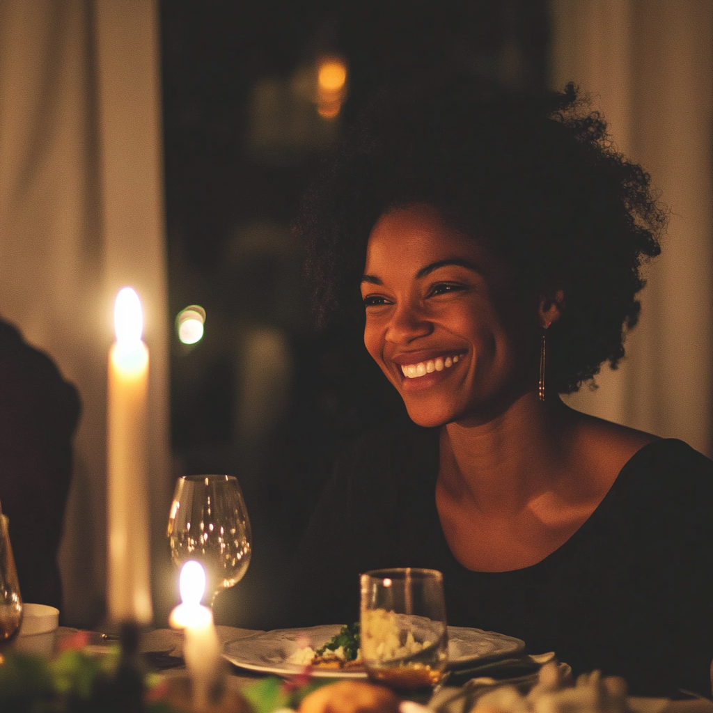 Une femme souriante à une table de dîner | Source : Midjourney