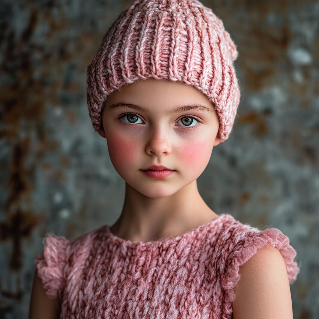 Petite fille portant un ensemble rose et un bonnet tricoté | Source : Midjourney