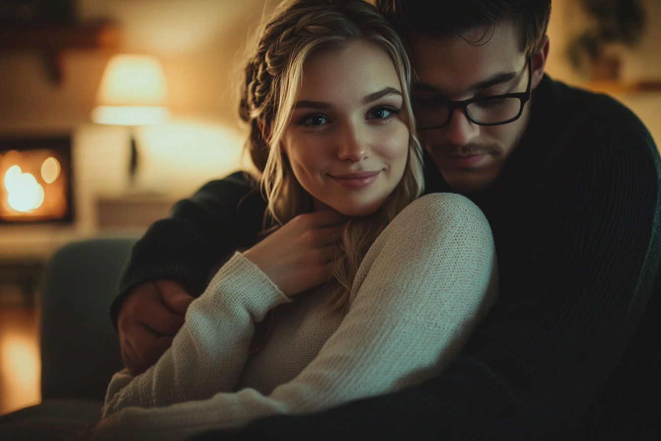 Couple de trentenaires s'étreignant sur un canapé et souriant le soir dans un salon | Source : Midjourney