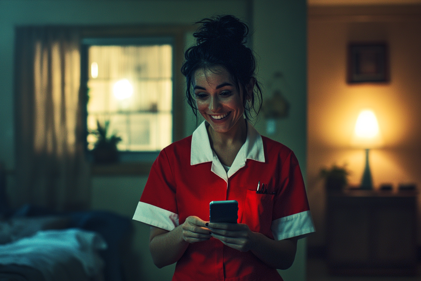 Femme en uniforme souriant tout en utilisant un téléphone à l'intérieur d'une chambre à coucher | Source : Midjourney