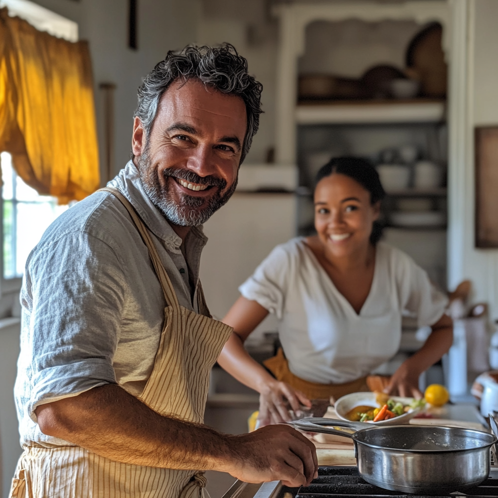 Un homme recevant des leçons de cuisine de la part de la nounou de ses enfants | Source : Midjourney