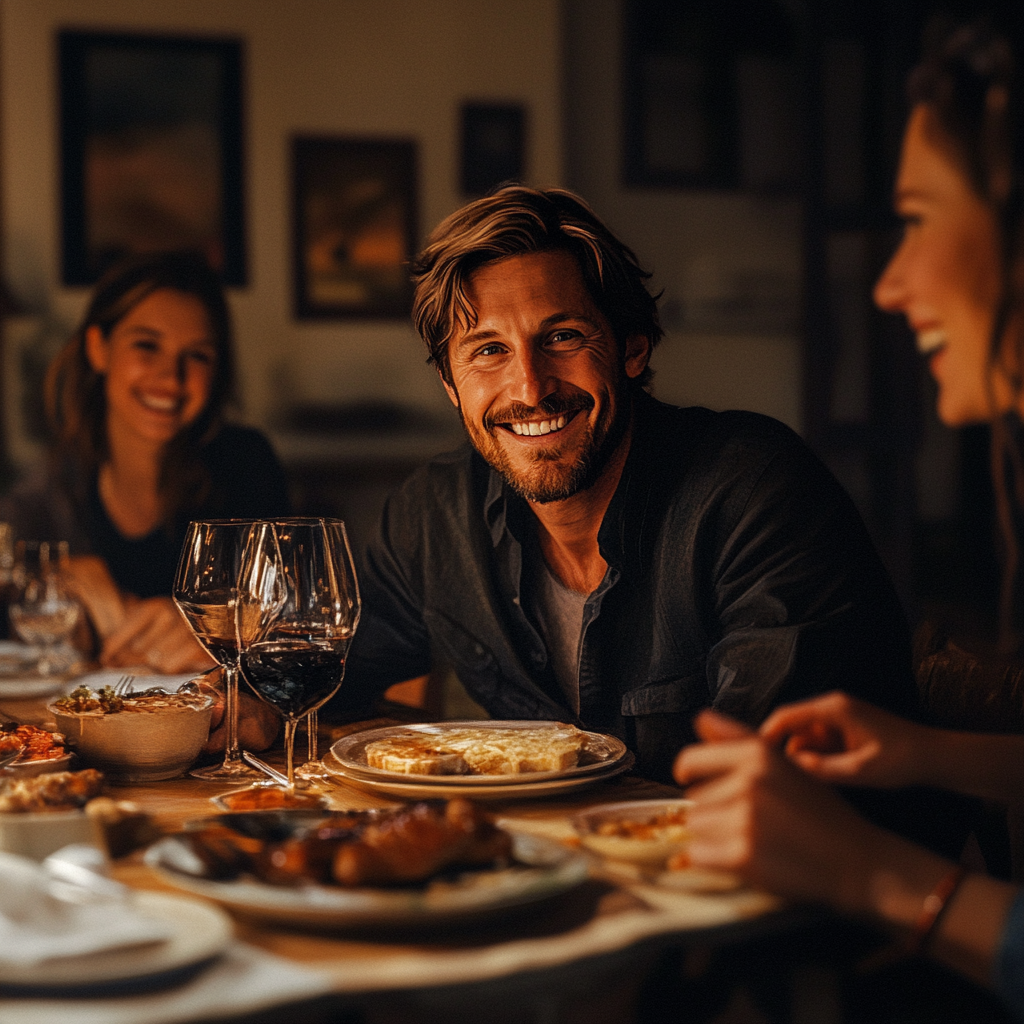 Un homme souriant lors d'un dîner en famille | Source : Midjourney