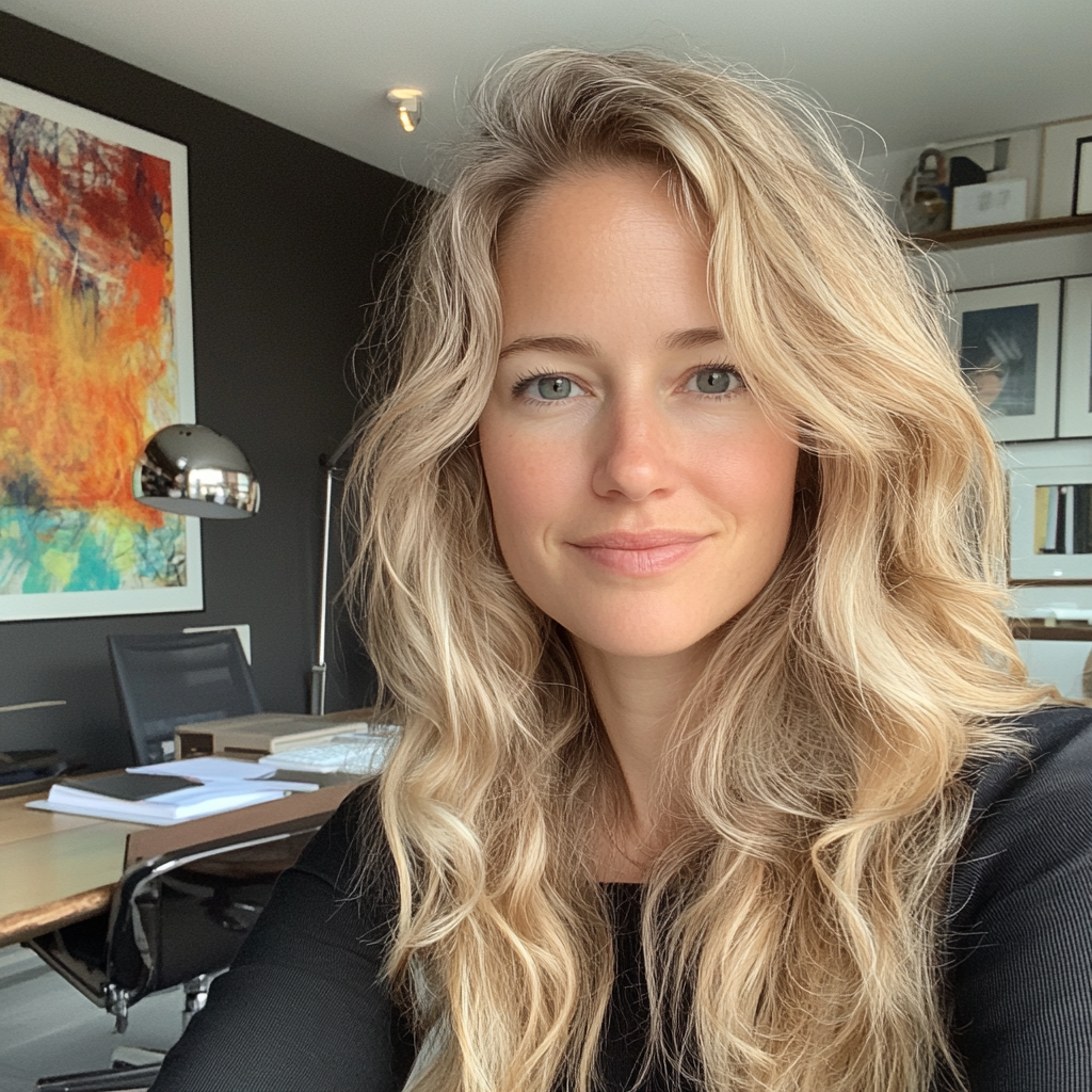 Une femme souriante assise dans un bureau | Source : Midjourney