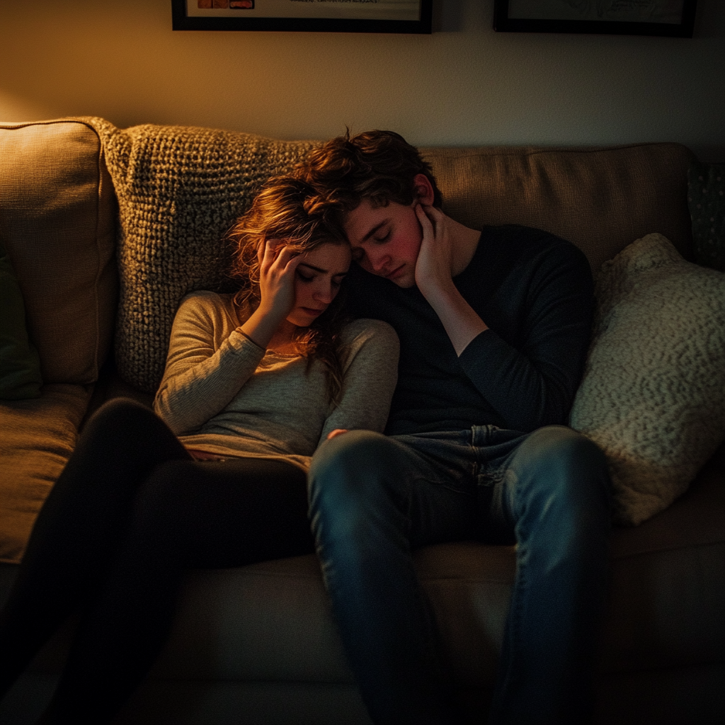 Un couple stressé assis sur un canapé | Source : Midjourney