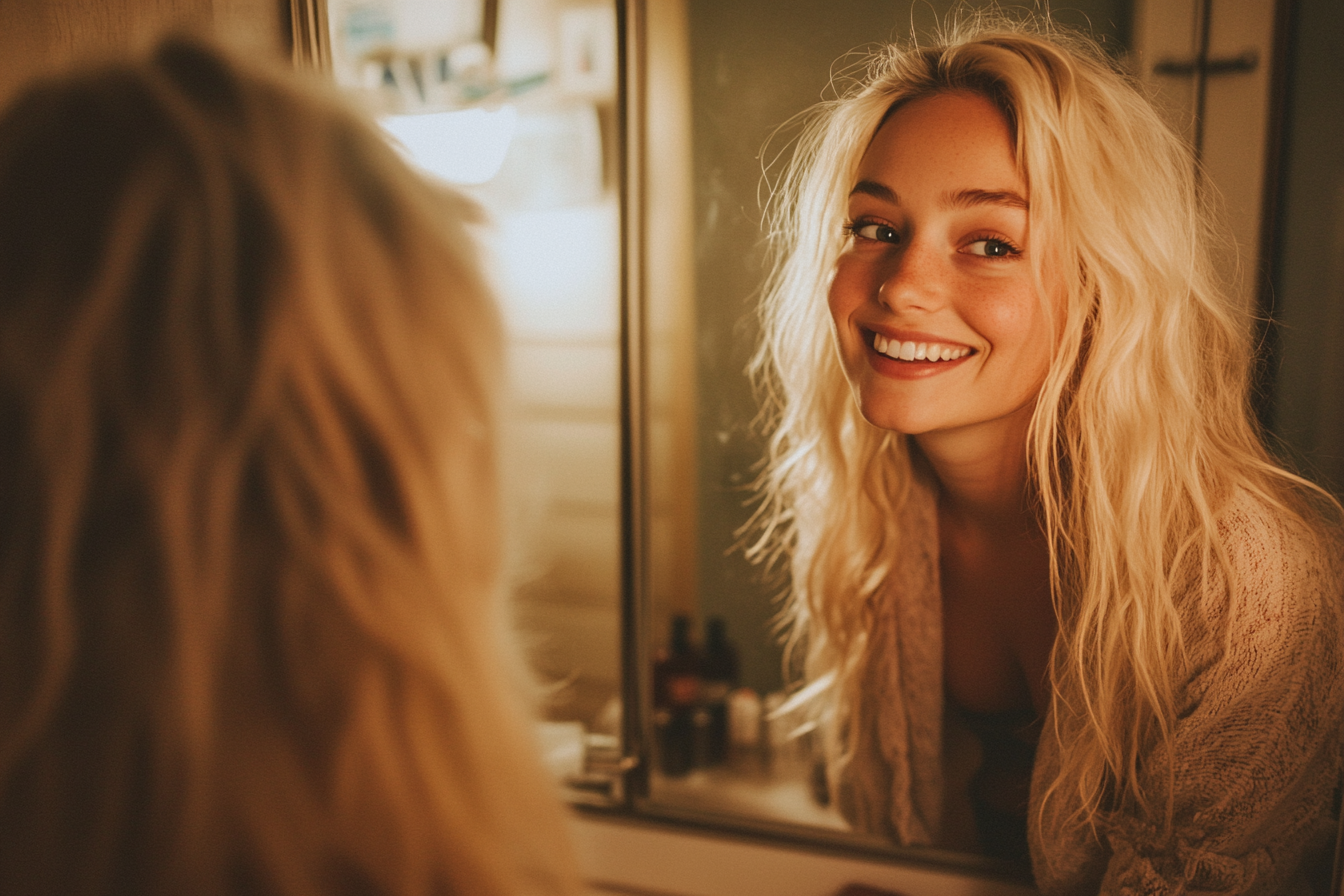 Une femme qui sourit dans un miroir | Source : Midjourney