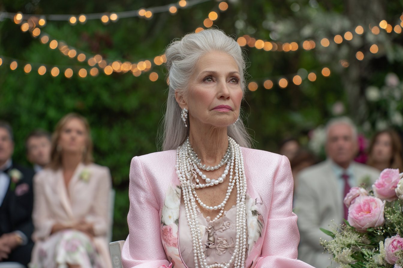Une femme âgée assise à un mariage en plein air | Source : Midjourney