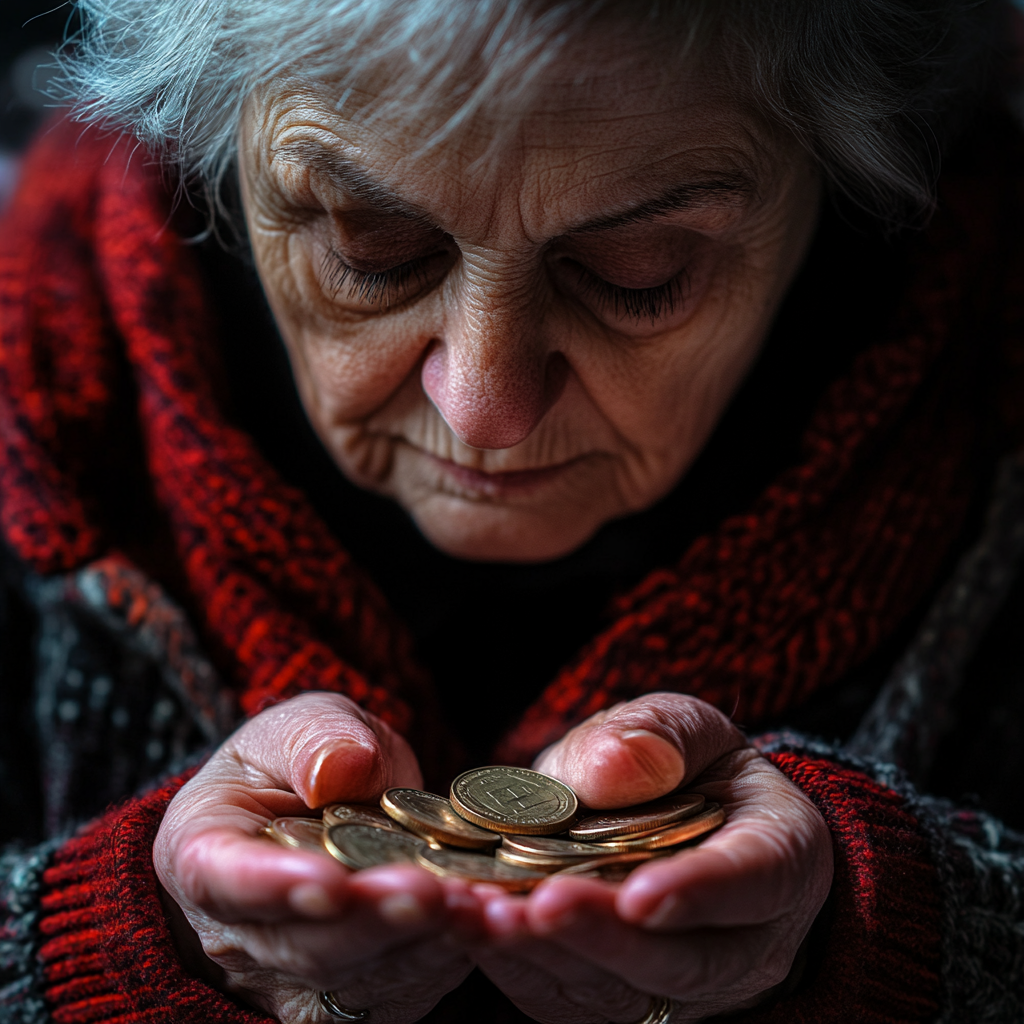 Femme âgée tenant des pièces de monnaie dans ses mains | Source : Midjourney