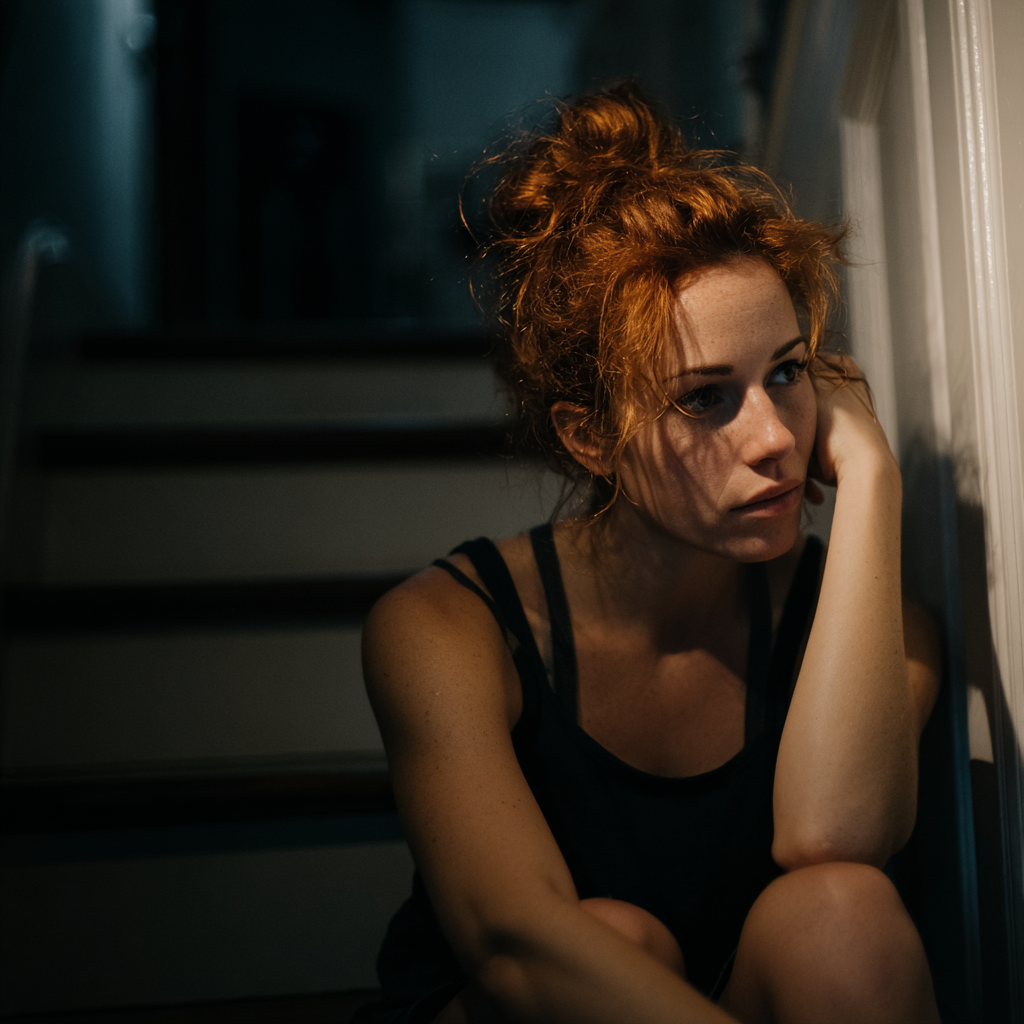 Une femme émotive assise sur un escalier | Source : Midjourney