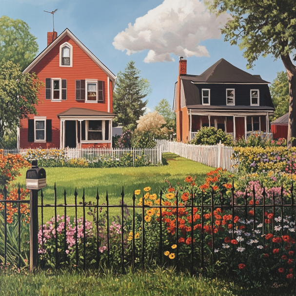 La maison d'une grand-mère et celle de sa voisine séparées par un jardin de fleurs | Source : Midjourney