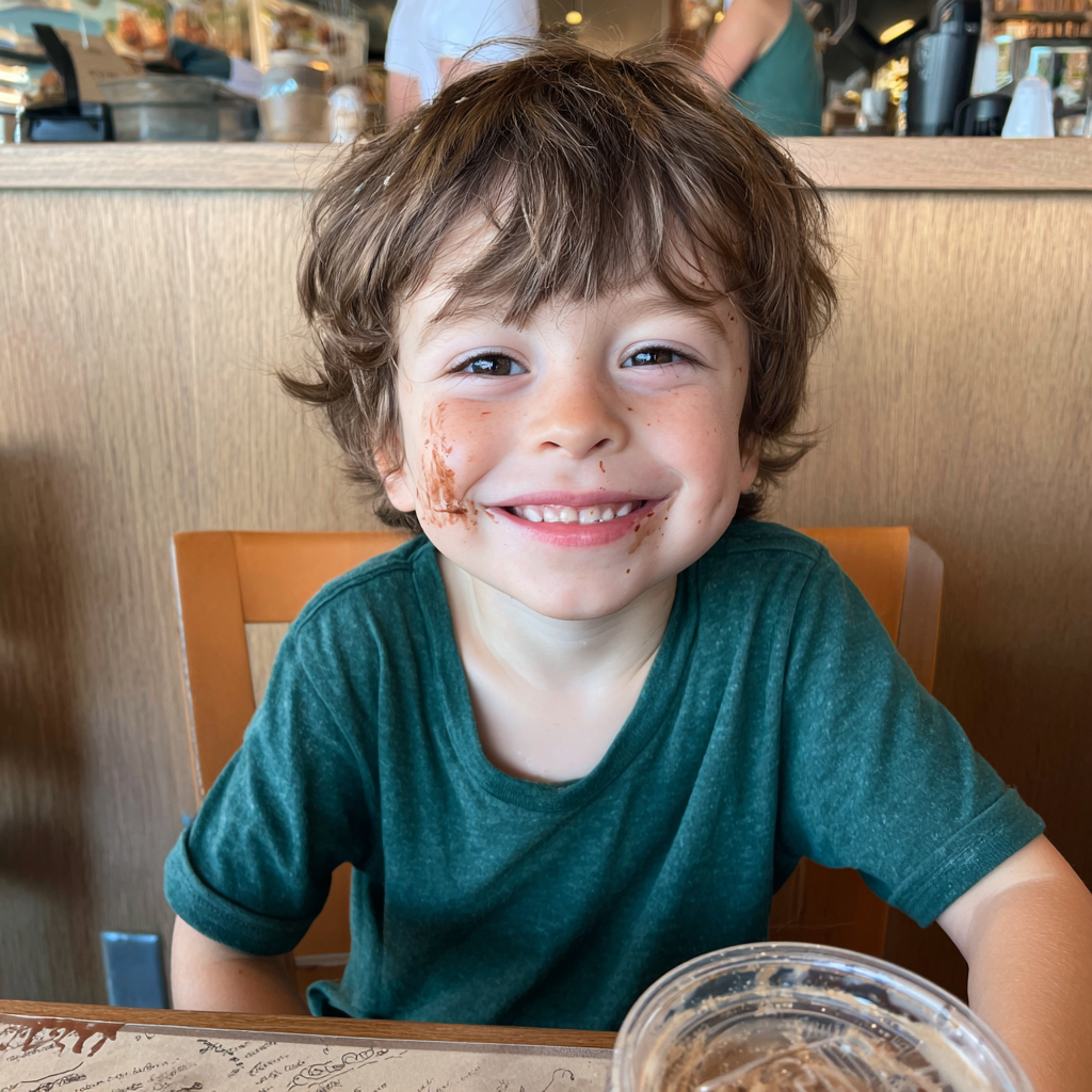 Un petit garçon souriant avec de la sauce au chocolat sur le visage | Source : Midjourney