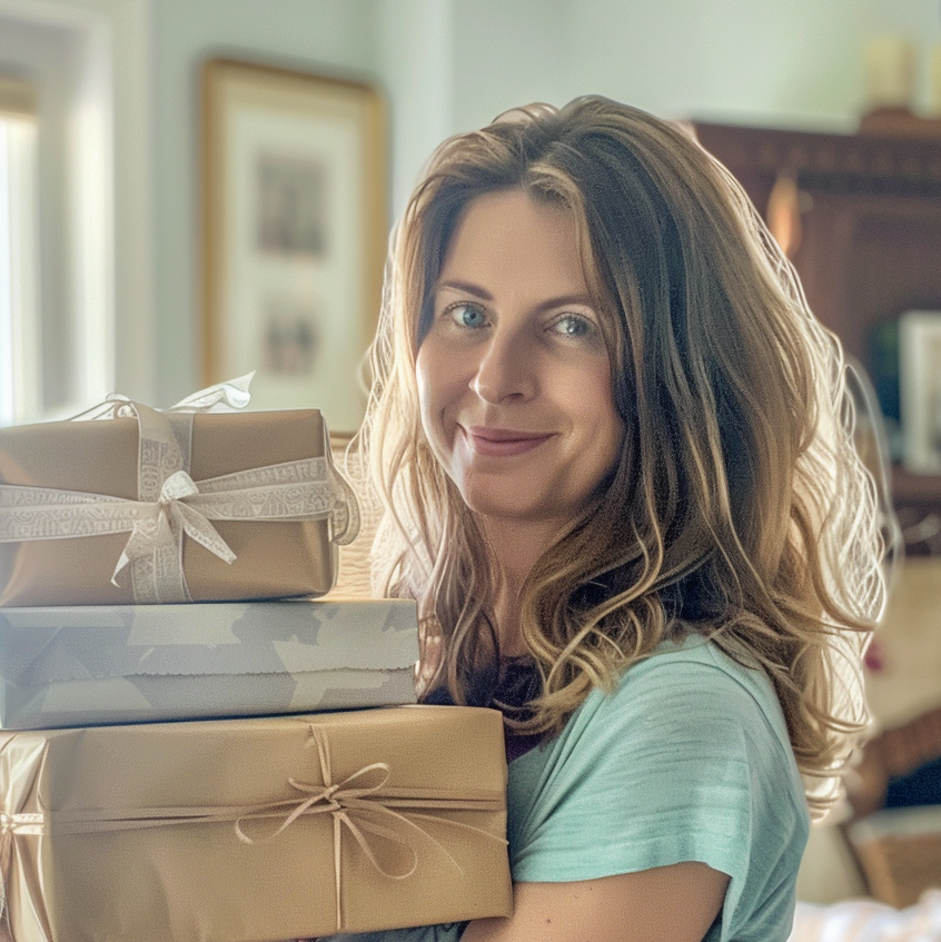 Une femme portant une pile de cadeaux | Source : Midjourney