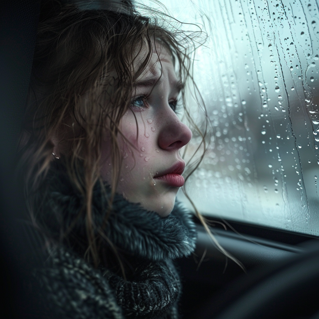 Une fille triste qui regarde par la fenêtre de la voiture | Source : Midjourney