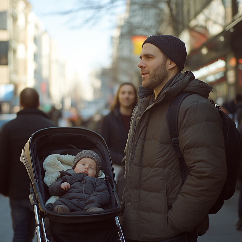 A man standing near a stroller while talking to someone | Source: Midjourney