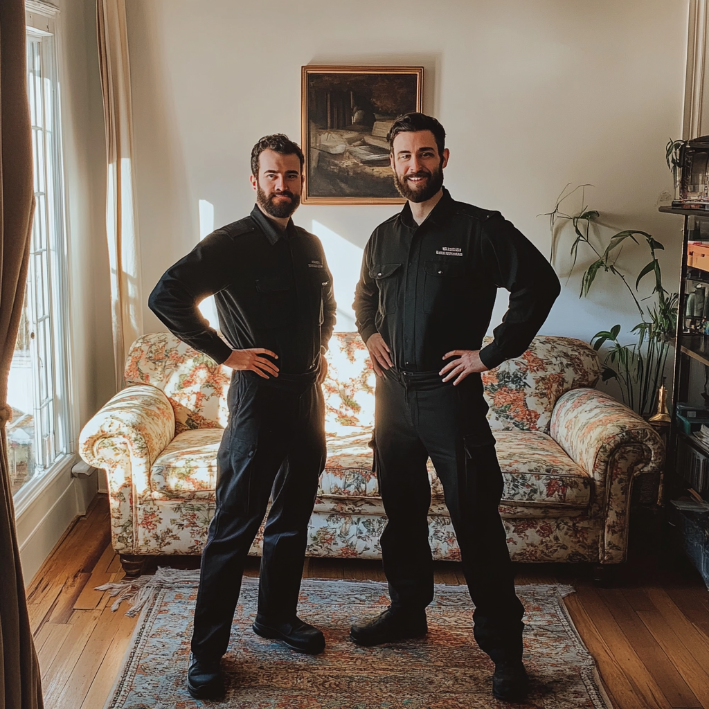 Deux hommes debout dans un salon | Source : Midjourney