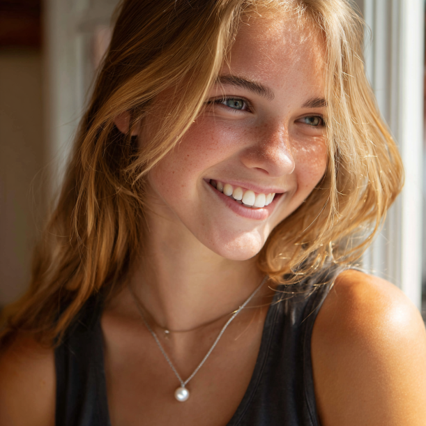 Une adolescente portant un pendentif en perles | Source : Midjourney