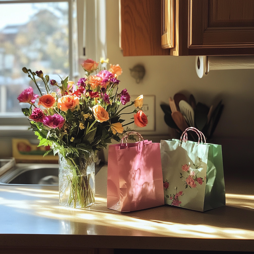 Un bouquet de fleurs et de cadeaux sur un comptoir de cuisine | Source : Midjourney