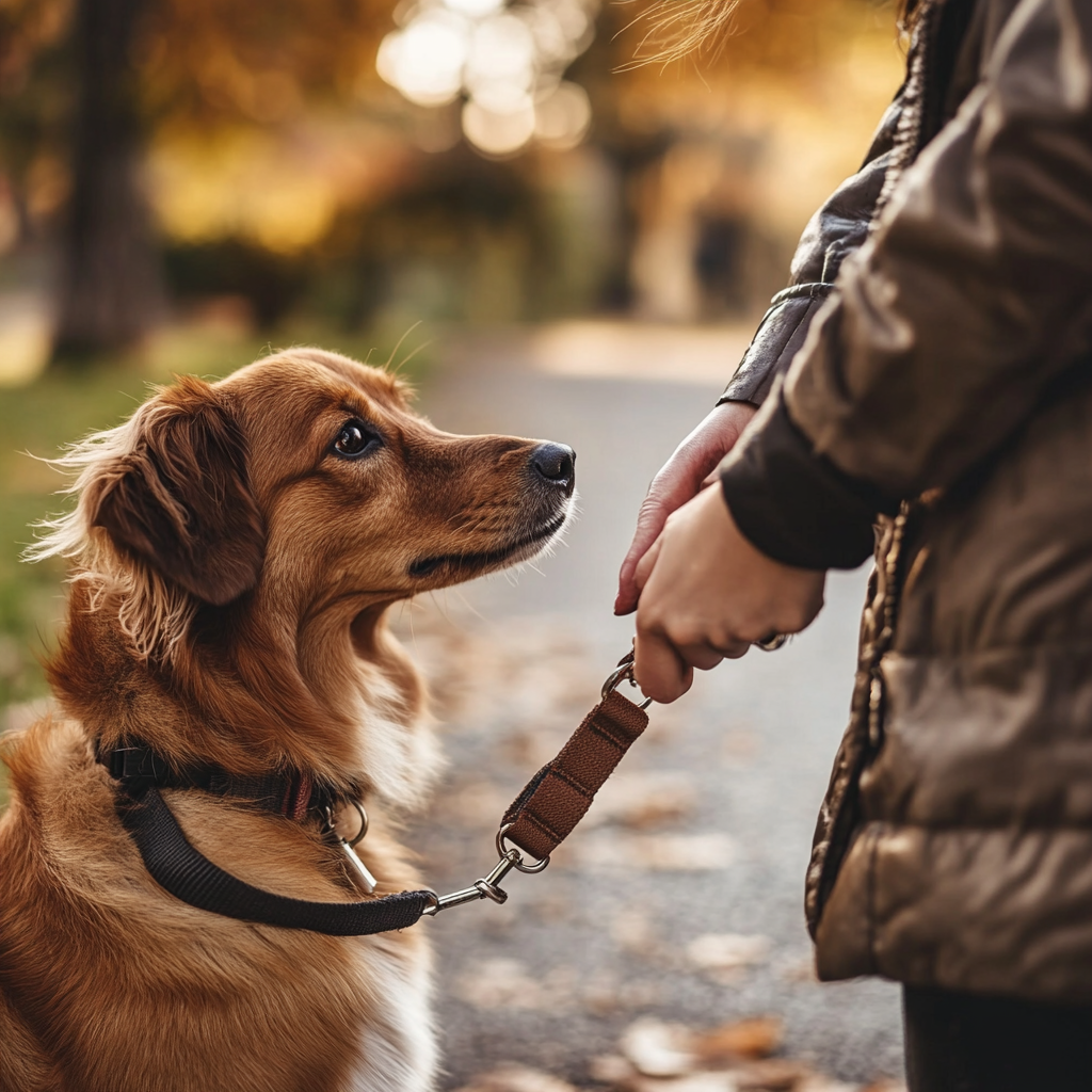 A woman holding her dog's leash | Source: Midjourney