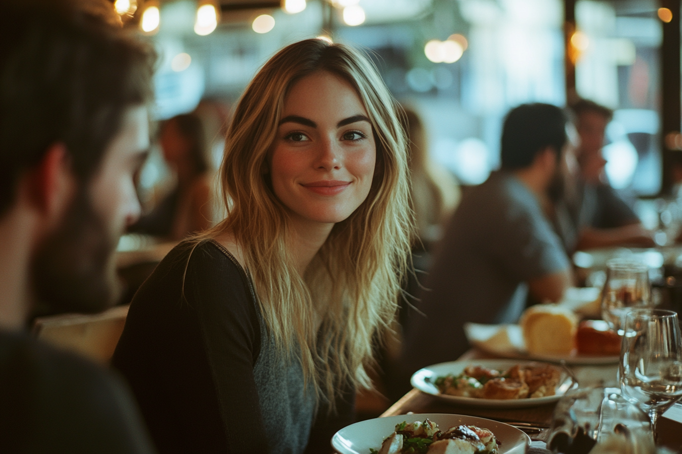 A woman smiling slightly as she sits at a dinner table | Source: Midjourney