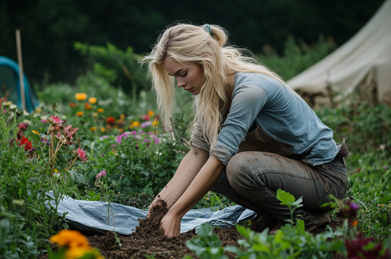 Une femme qui enterre un gros objet dans un parterre de fleurs | Source : Midjourney