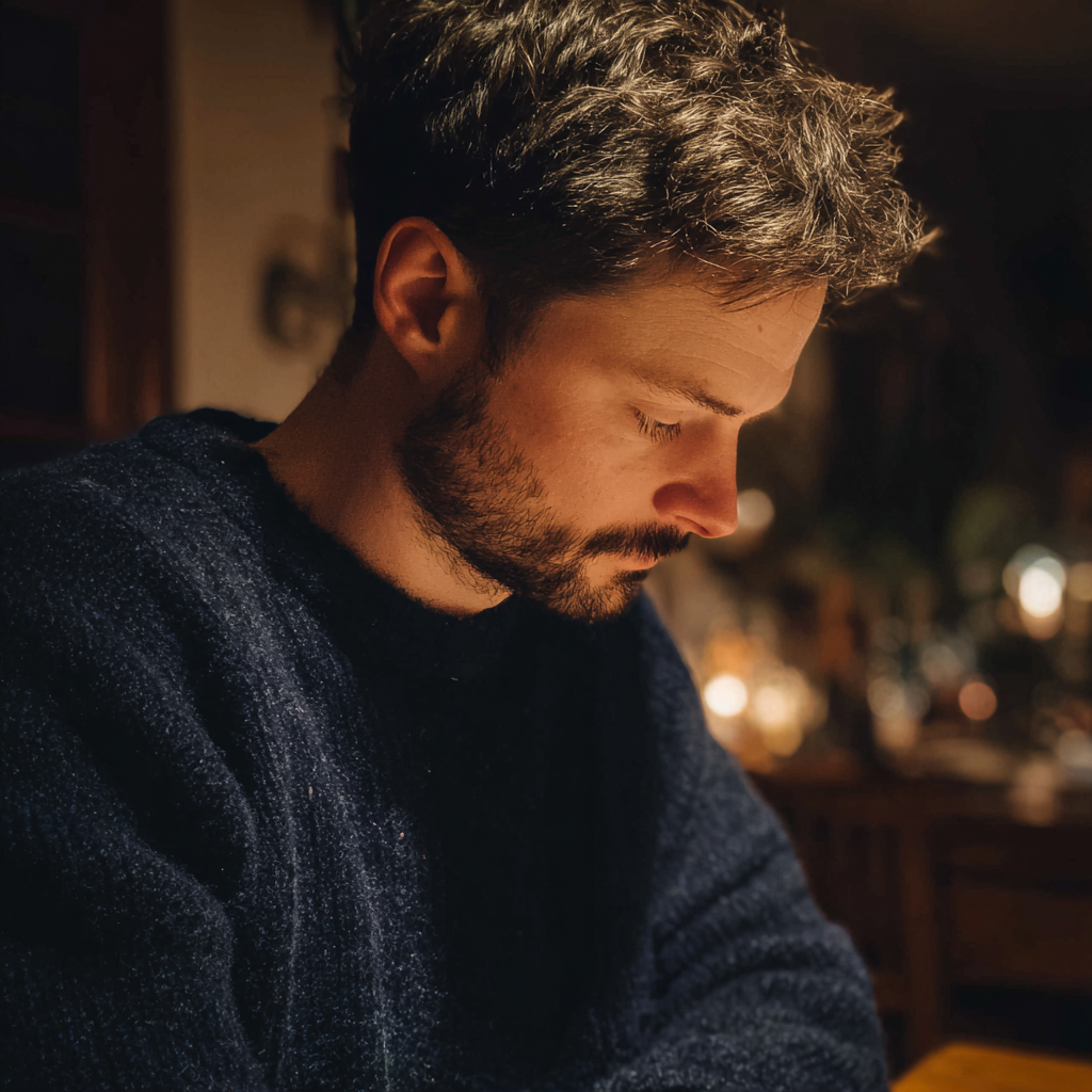 Un homme qui regarde ses genoux | Source : Midjourney