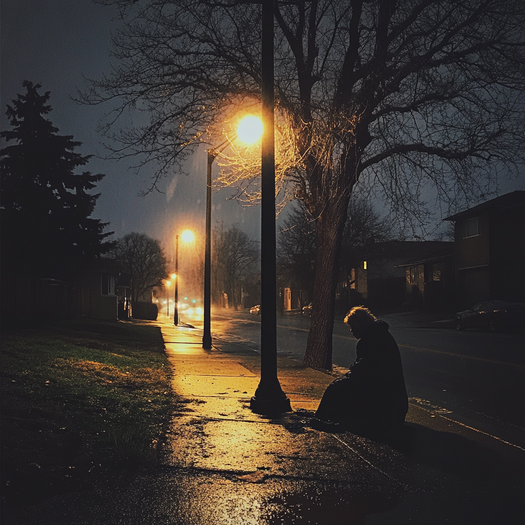 Une personne assise sur une passerelle sous la pluie | Source : Midjourney