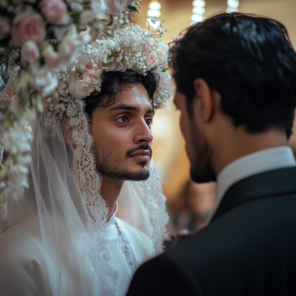 Man dressed as bride standing next to groom | Source: Midjourney