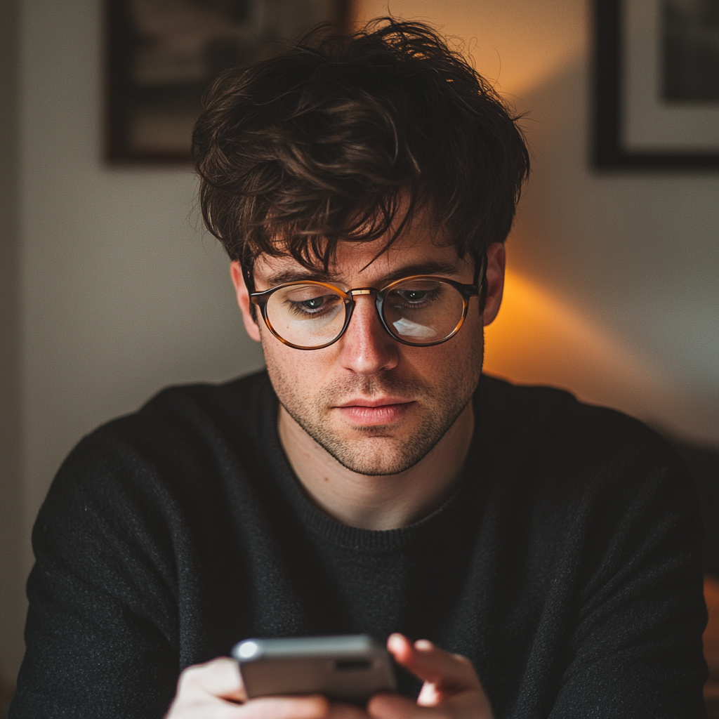 Un homme lisant un message sur un téléphone | Source : Midjourney