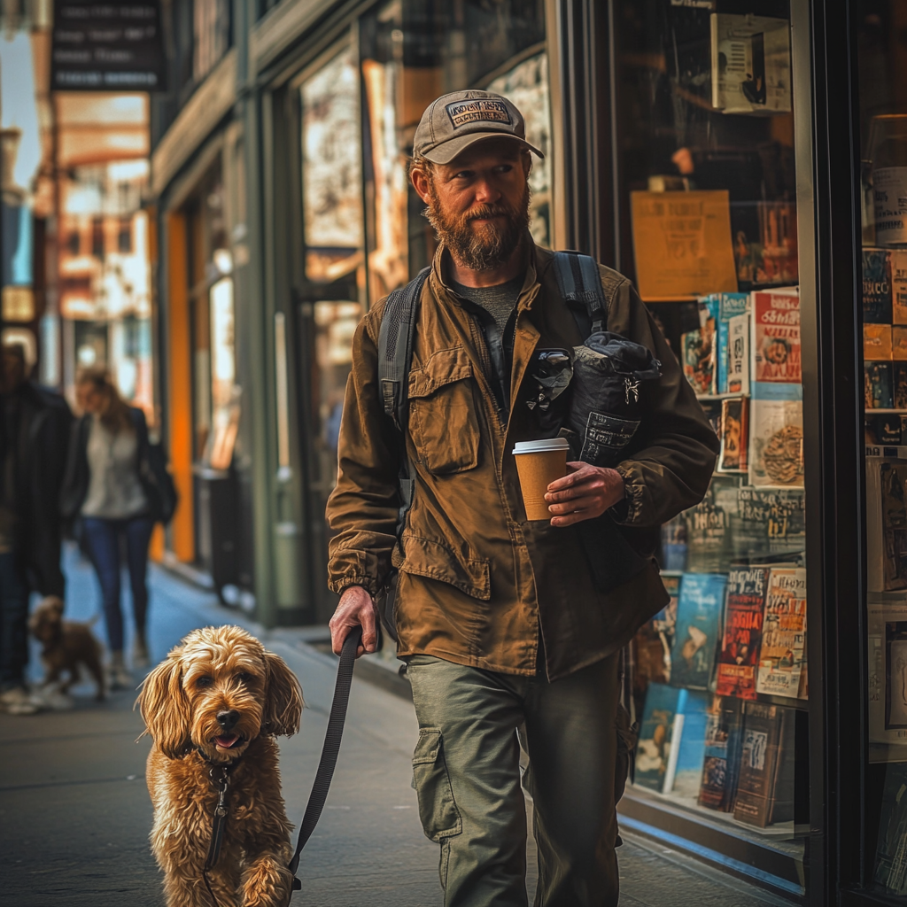 Un homme à l'extérieur d'une librairie tenant une tasse de café dans une main et la laisse d'une chienne dans l'autre | Source : Midjourney